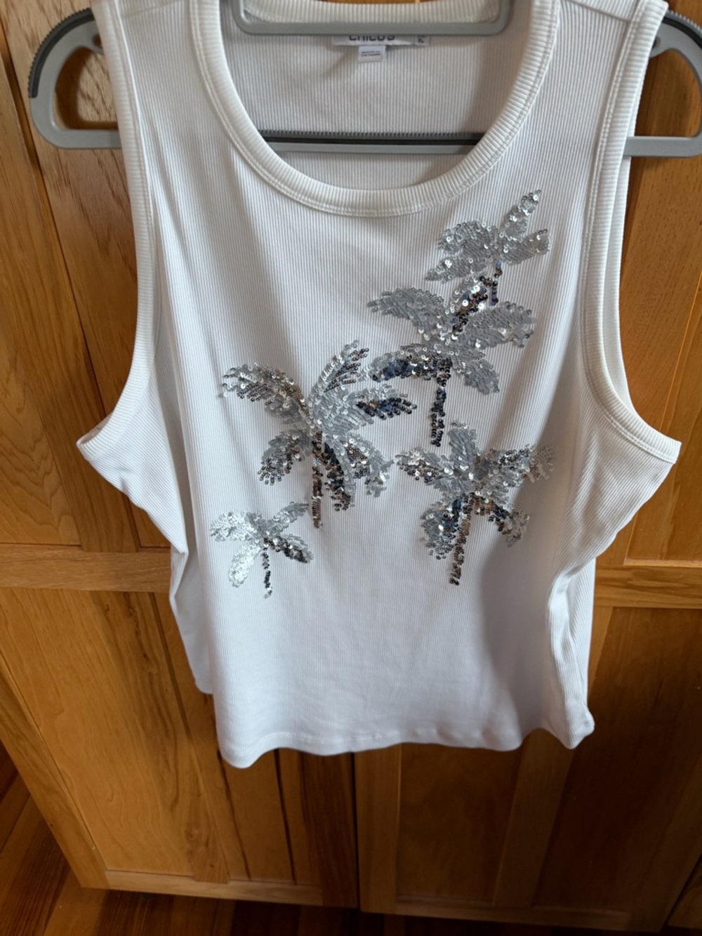 Chico's White Tank with Silver Sequin Palm Motif